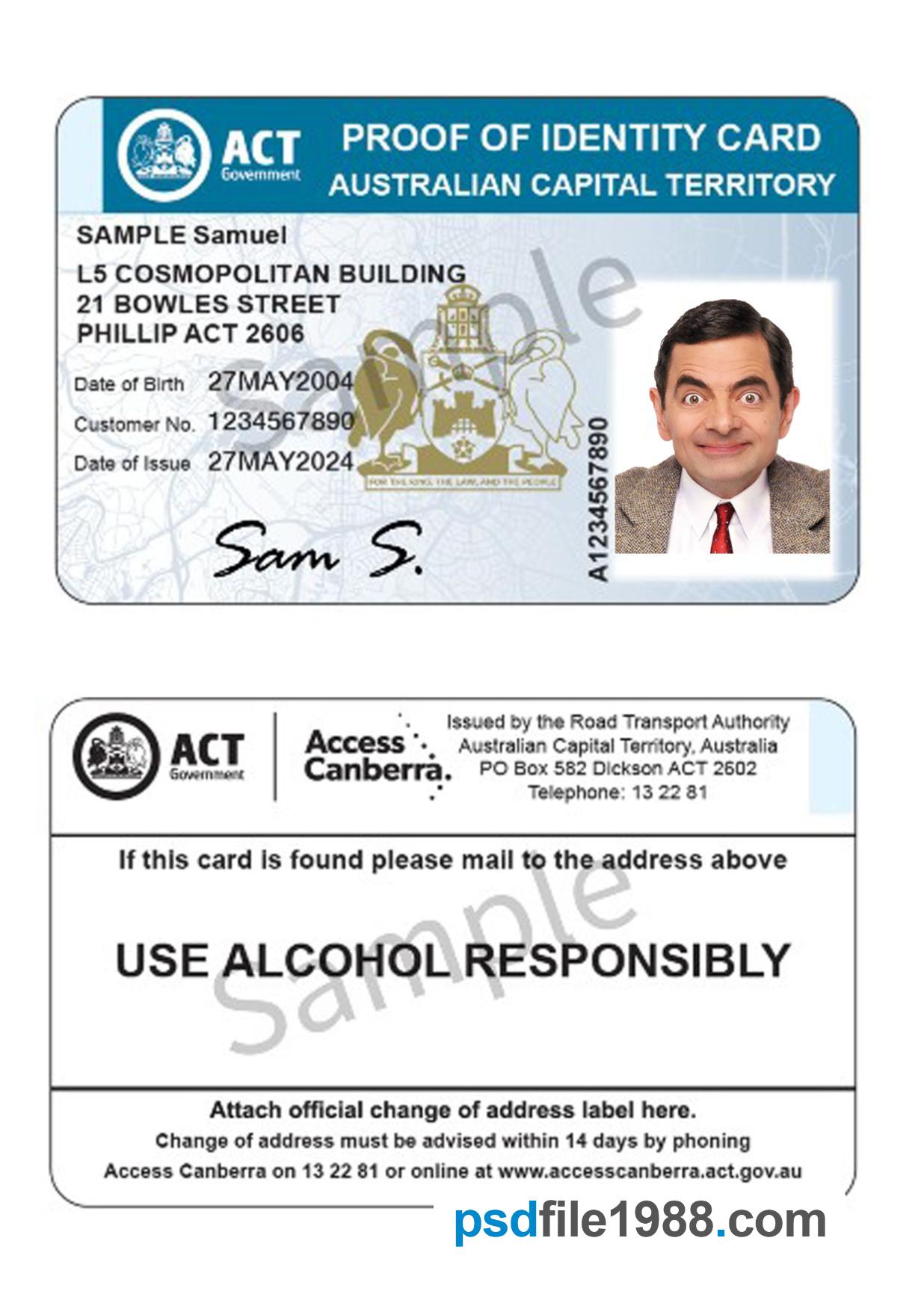 Australia Capital Territory Proof of ID Card